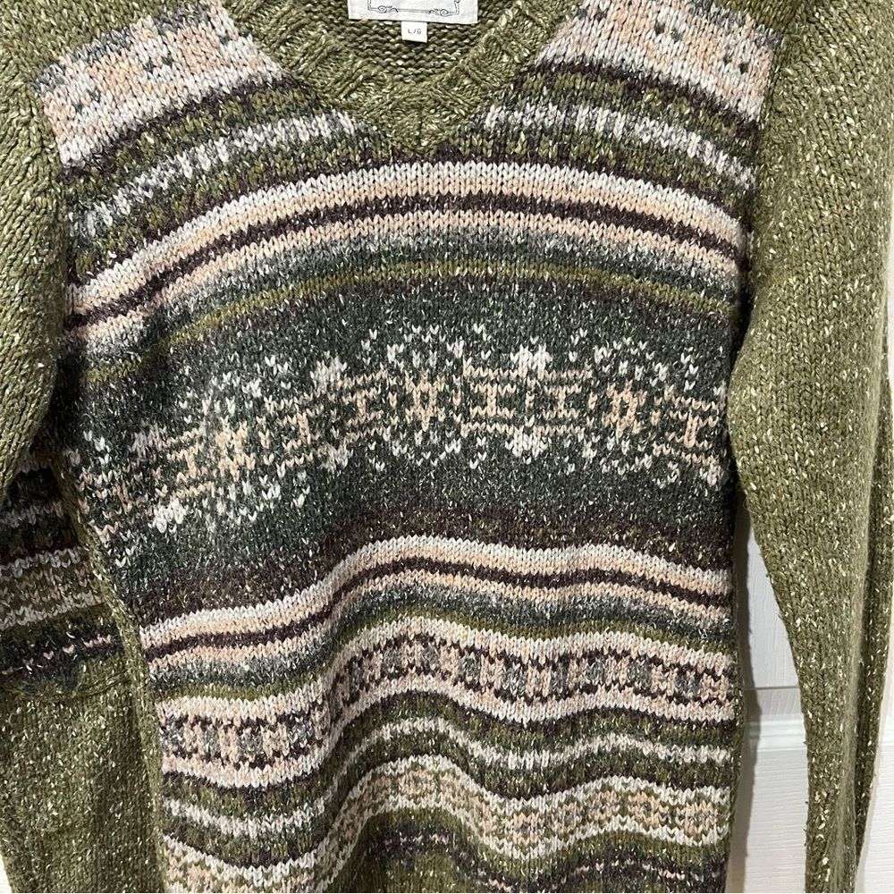 One on One vintage long sleeve v neck green sweater size large - Picture 3 of 9